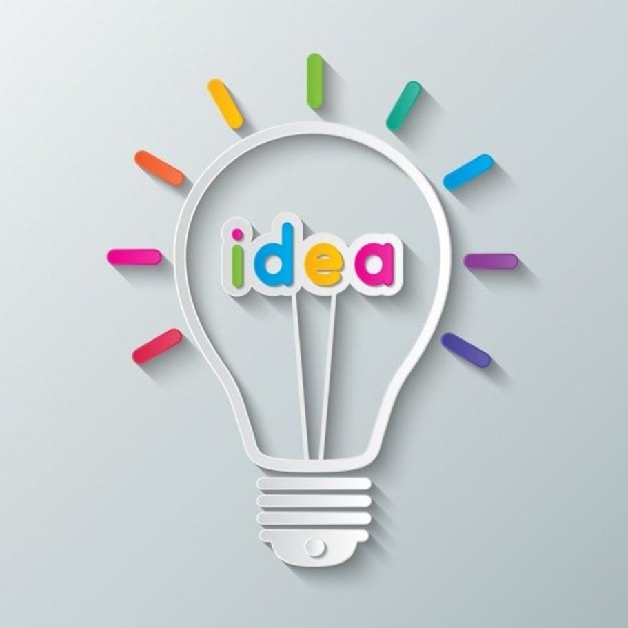 Bombilla con la palabra "idea" en colores brillantes y rayos de luz alrededor.