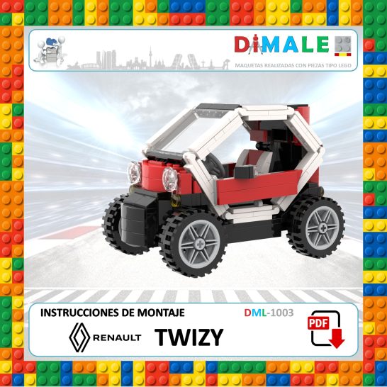 Instrucciones de montaje para un modelo de coche Renault Twizy en bloques de construcción.