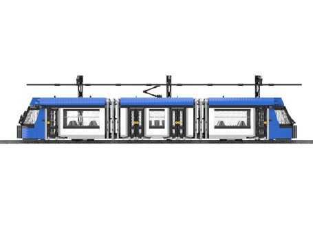 Tranvía Alstom Citadis Compact MOC Lego - Vista lateral Trnvía moderno Alstom Citadis de tres vagones con colores azules y blancos, diseñado para transporte urbano.