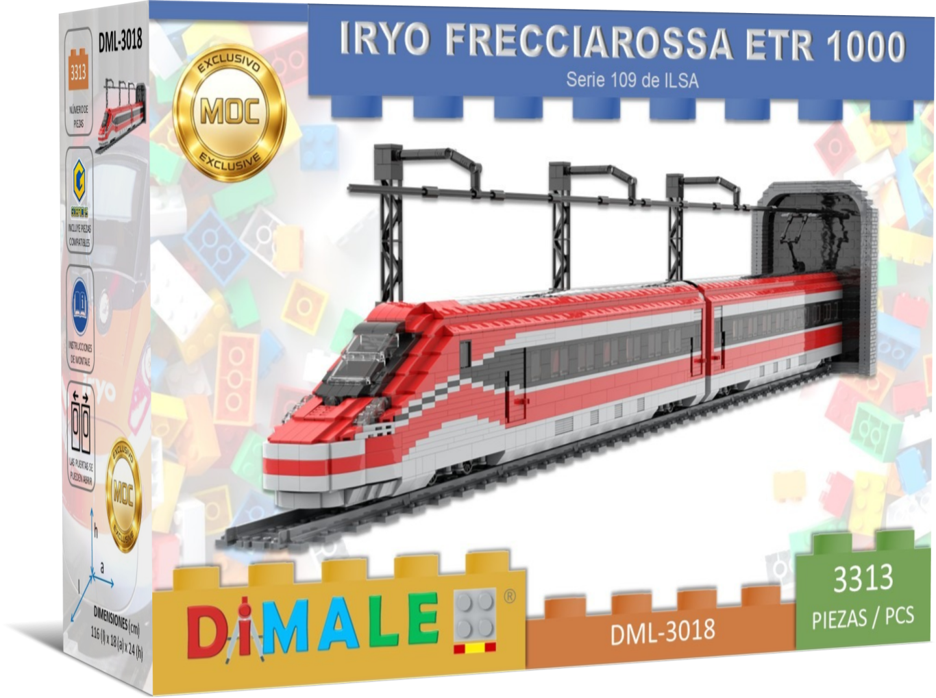 Tren Alta Velocidad IRYO Frecciarossa ETR 1000 S109 MOC Lego Caja de tren de juguete Iryo Frecciarossa ETR 1000, diseño moderno en tonos rojos y blancos.