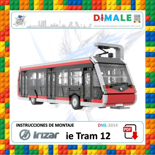 Modelo de tranvía Tram 12 con diseño moderno y esquema de colores en fondo de bloques.
