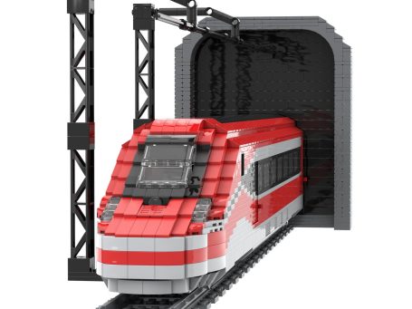 Tren Alta Velocidad IRYO Frecciarossa ETR 1000 S109 MOC Lego - Vista exterior Tren de juguete de bloques de construcción saliendo de un túnel.