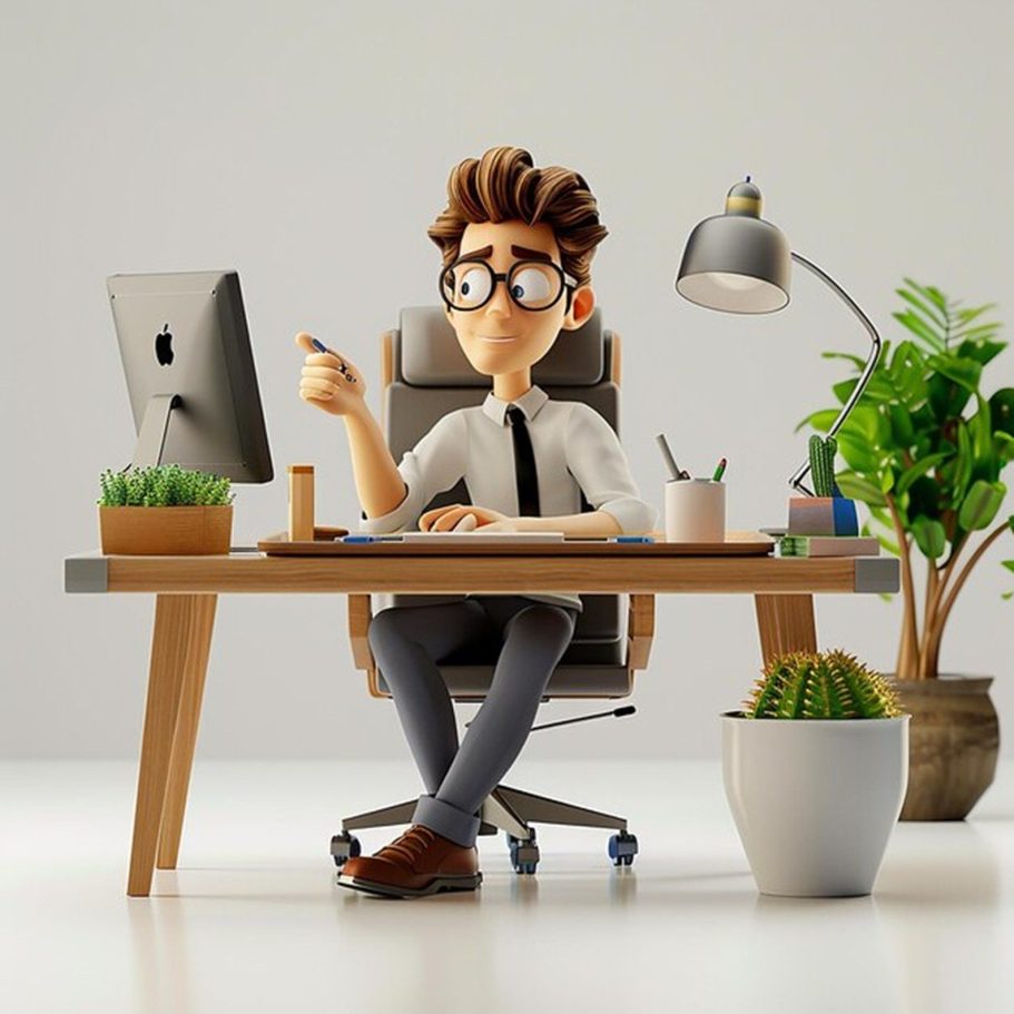 Un hombre con gafas sentado en un escritorio moderno, trabajando frente a una computadora.