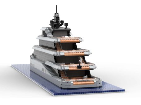 Azure Kenshö MOC Lego - Parte trasera Yate moderno de lujo con tres niveles y estructura elegante en base rectangular.