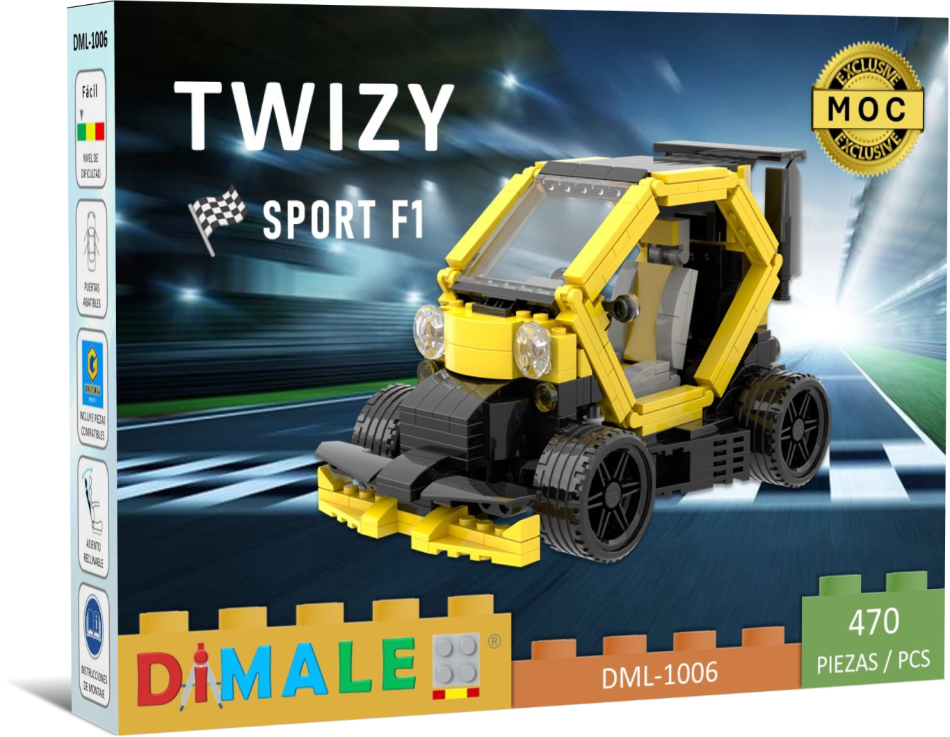 Coche Renault Twizy Sport F1 MOC Lego Caja del modelo de construcción Twizy Sport F1 de Dimale, con bloques de colores y diseño futurista.