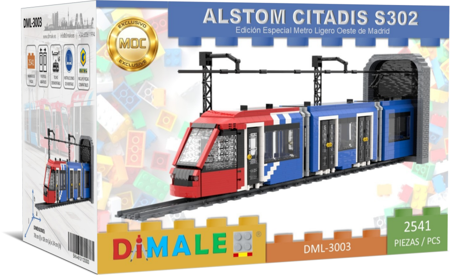 Maqueta de tren Alstom Citadis S302 en colores rojo, azul y blanco.