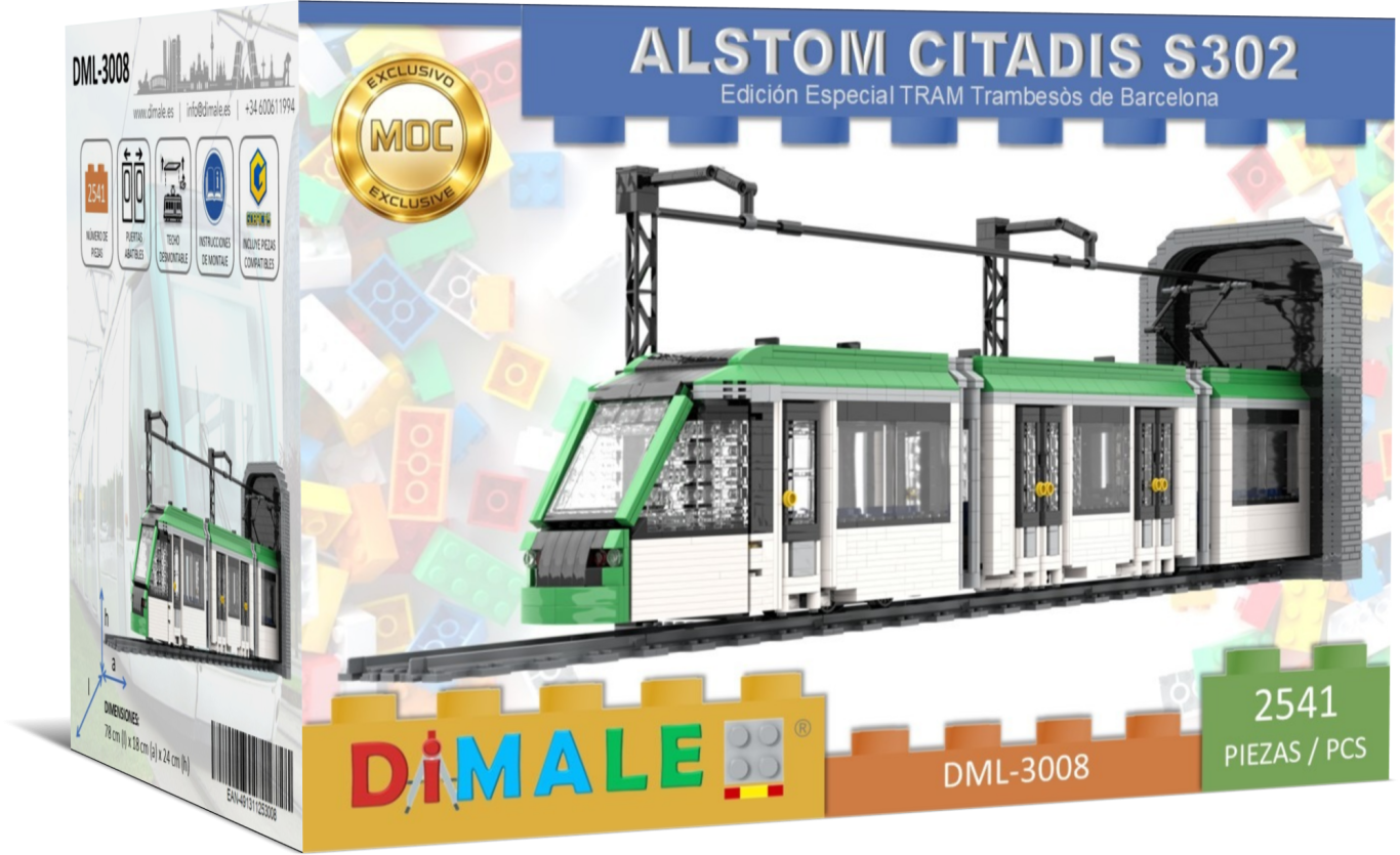Modelo de tren Alstom Citadis S302 de la marca DiMale en su embalaje.