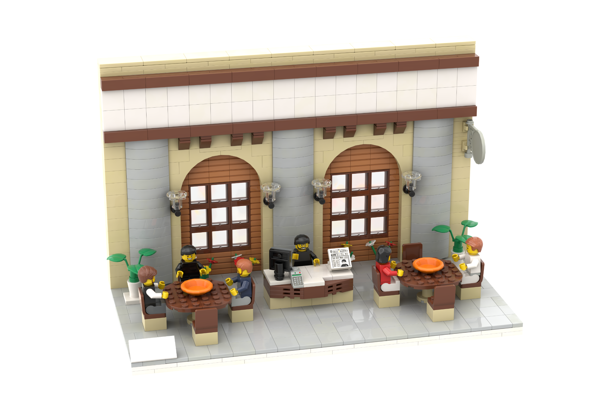 Restaurante MOC Lego Construcción de un restaurante con mesas, sillas y decoración colorida.