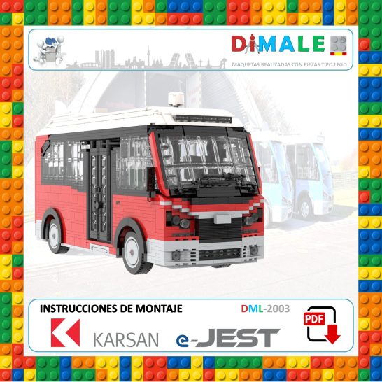 Modelo de autobús Karsan e-JEST en bloques de construcción con instrucciones de montaje.