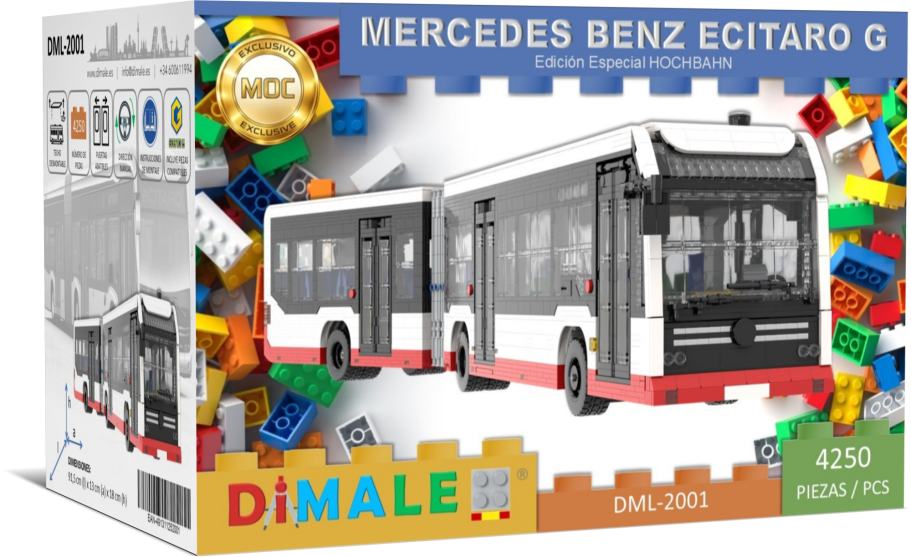Caja de construcción de un autobús Mercedes Benz Citaro G, con bloques de colores.