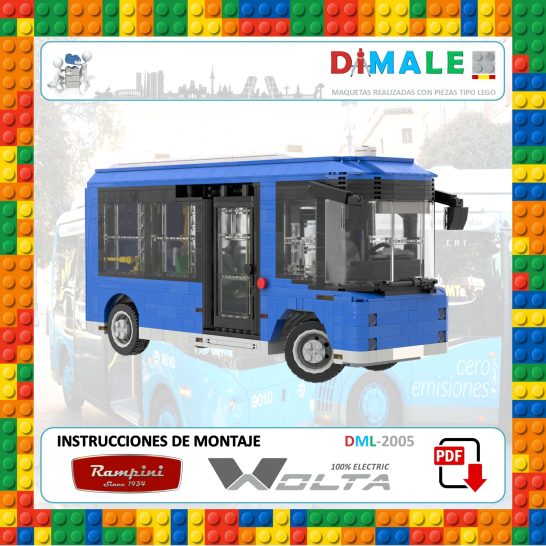 Autobús de juguete Rampini Wolta color azul con instrucciones de montaje de bloques.