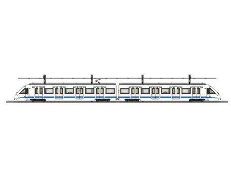Tren CAF Serie 8000 Metro de Madrid de diseño moderno en colores azul y blanco, con dos secciones conectadas.