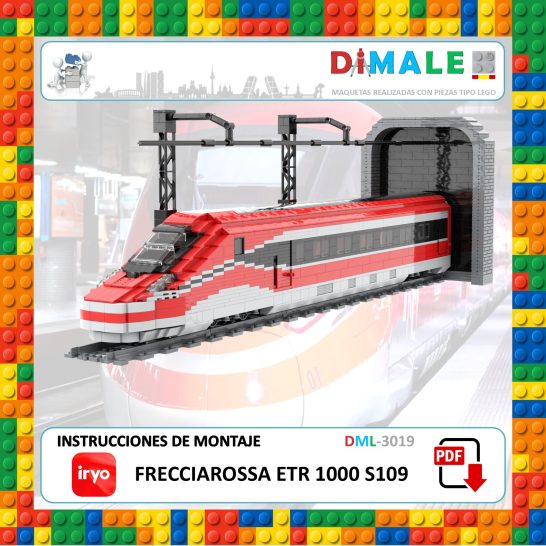 Tren modelo Frecciarossa ETR 1000 en un túnel, construido con piezas de Lego.