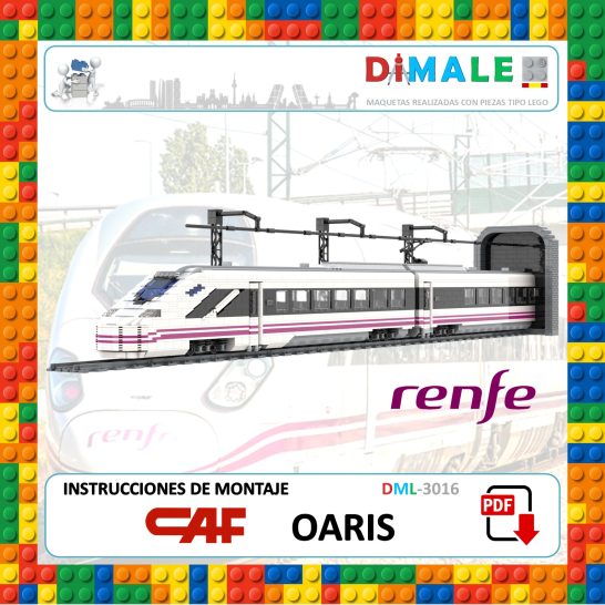 Instrucciones de montaje para el tren Oaris de Renfe, con fondo de LEGO.