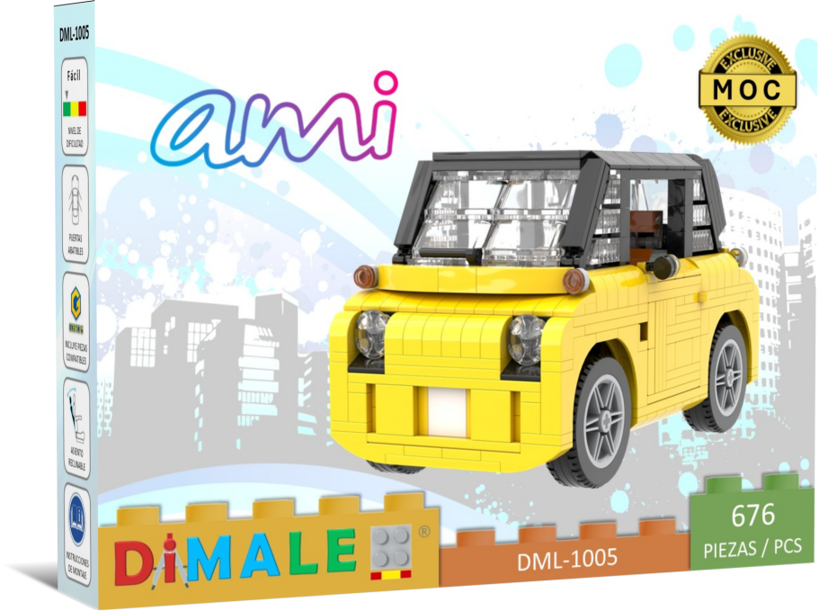 Citroën Ami juego construcción Lego MOC Coche de juguete amarillo tipo Lego con ventanas y ruedas, modelo ami de Dimale.