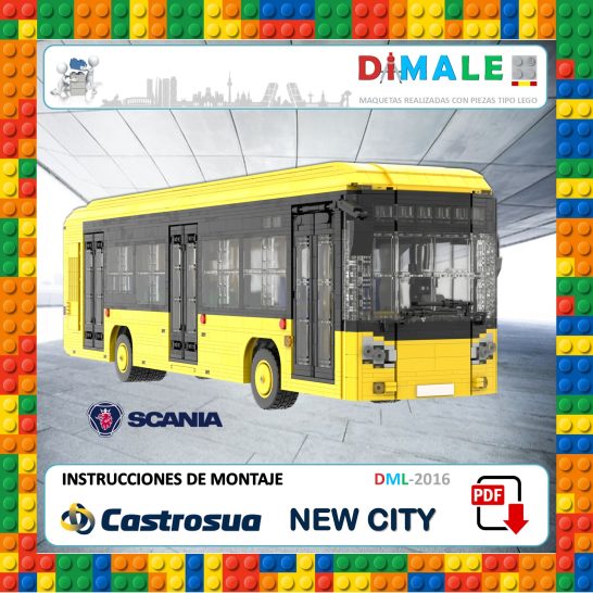 Autobús amarillo de juguete con instrucciones de montaje, diseñado para encajar piezas.