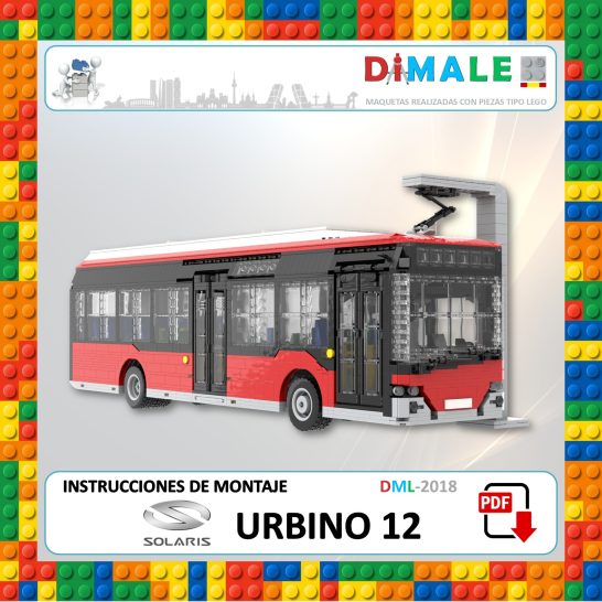 Autobús Urbino 12 de juguete con instrucciones de montaje en un fondo de bloques de colores.