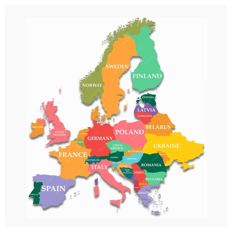 Mapa de Europa con países coloreados y sus nombres en inglés y español.