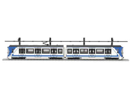 Tren CAF Serie 2000B Metro de Madrid MOC Lego - Vista lateral Tren CAF Serie 2000B Metro de Madrid de diseño moderno en colores azul y blanco, con dos secciones conectadas.