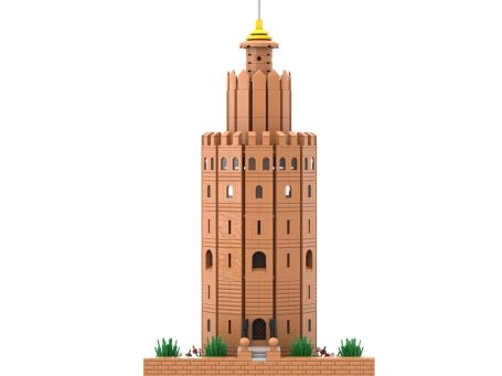 Torre del Oro de Sevilla MOC Lego - Vista frontal Torre de ladrillo con detalles dorados y vegetación alrededor.