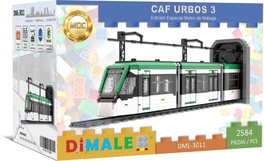 Maqueta de tranvía CAF Urbos 3 en caja colorida. Modelo de construcción.