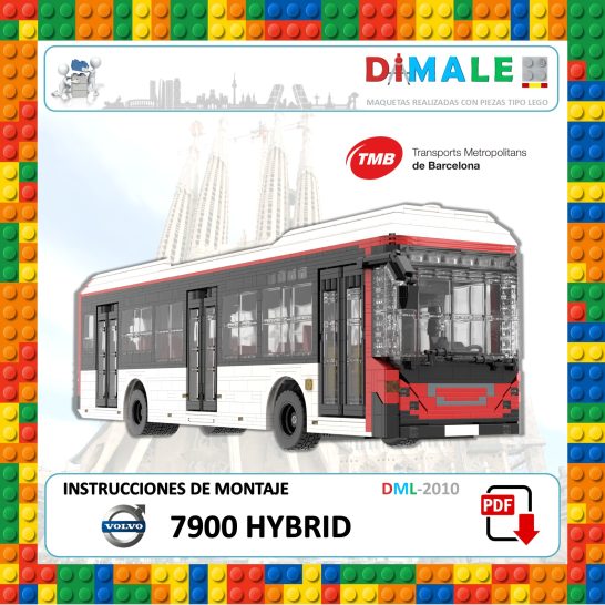 Autobús híbrido de juguete con instrucciones de montaje en fondo de bloques de colores.