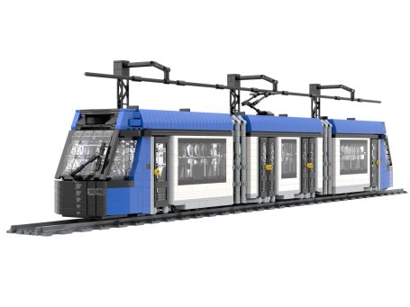 Tranvía Alstom Citadis compact MOC Lego - Parte delantera Tram moderno Alstom Citadis Compact azul y blanco con ventanas y postes de electricidad.
