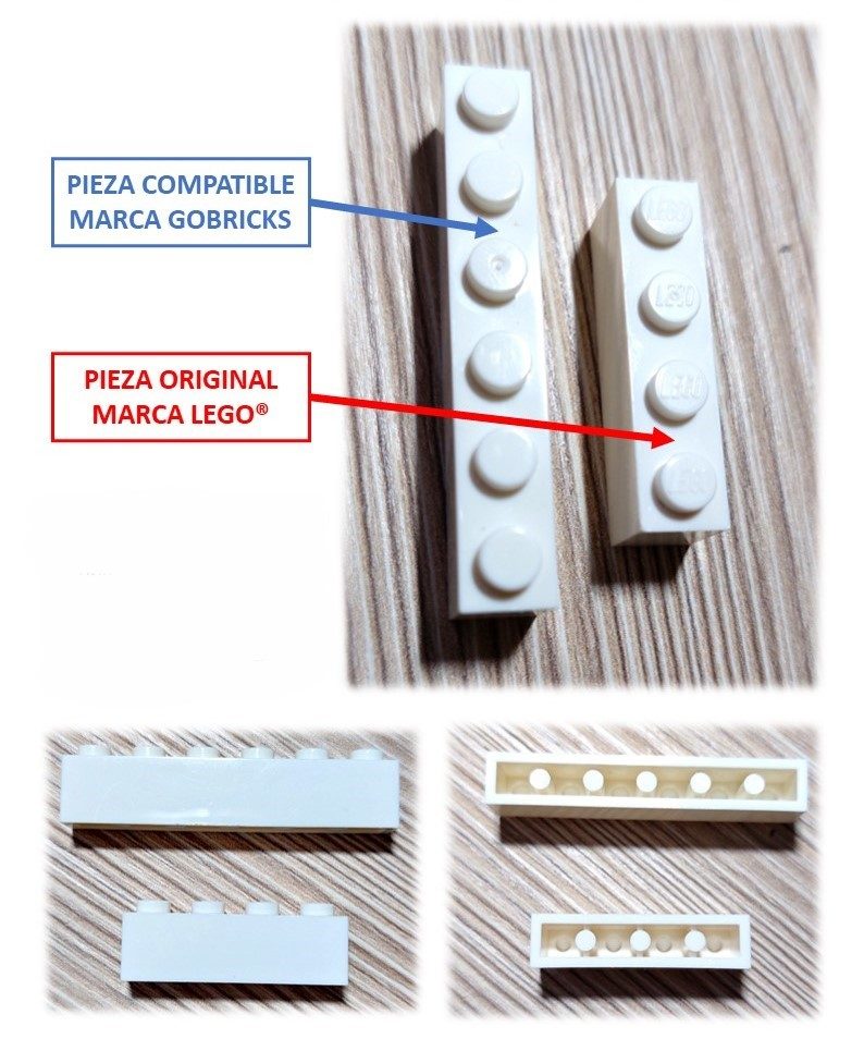 Principales diferencias entre piezas originales y compatibles Comparativa de piezas de Lego: original y compatible, con detalles en blanco.
