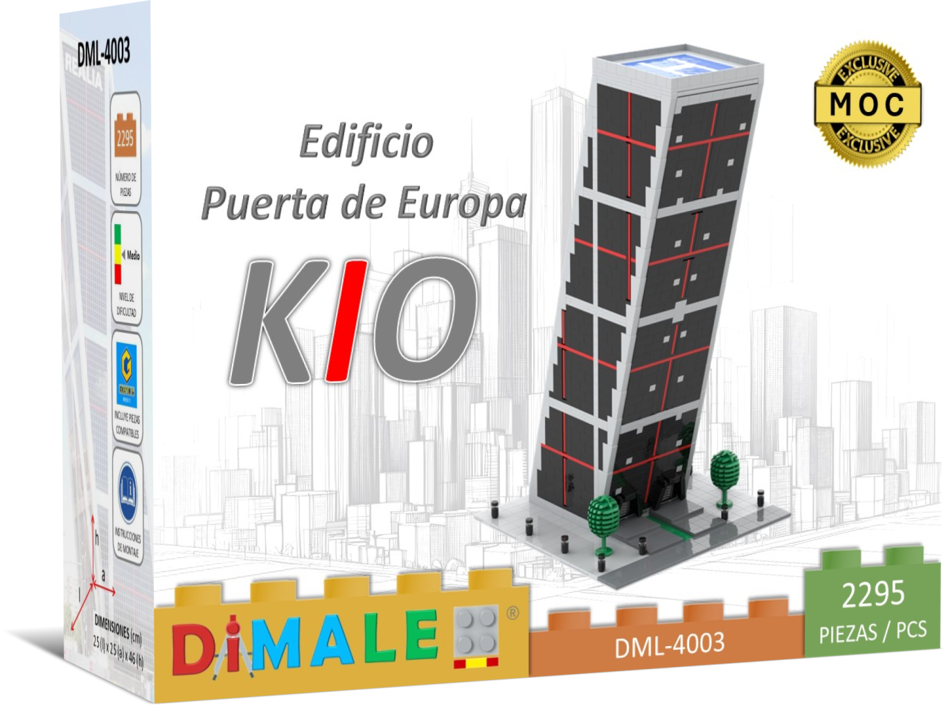 Edificio Puerta de Europa Kío (Madrid) MOC juego construcción Lego Edificio Puerta de Europa KIO, un rascacielos moderno en un entorno urbanístico.
