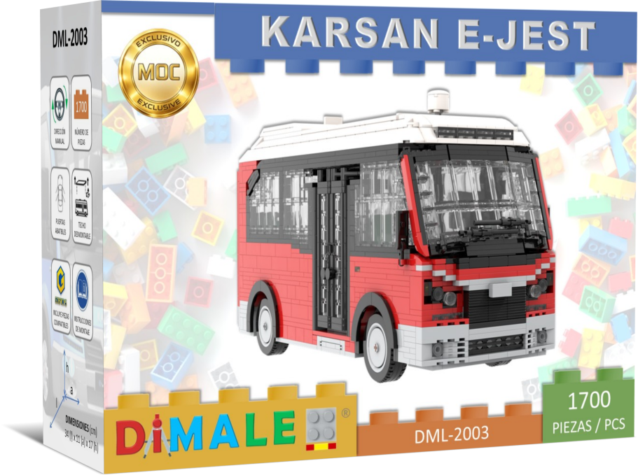 Maqueta de un autobús Karsan E-Jest en caja de bloques de construcción.