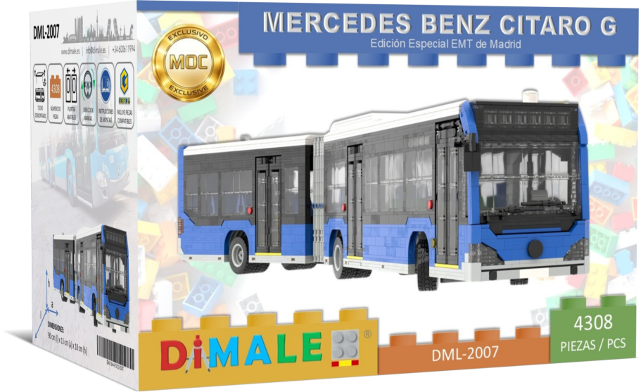 Maqueta de autobús Mercedes Benz Citaro G en caja de presentación con bloques de construcción.