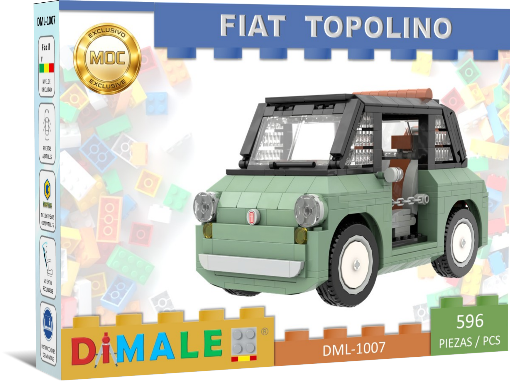 Fiat Topolino Dolce Vita juego construcción Lego MOC Modelo de coche Fiat Topolino de bloques de construcción, en colores verde y blanco.