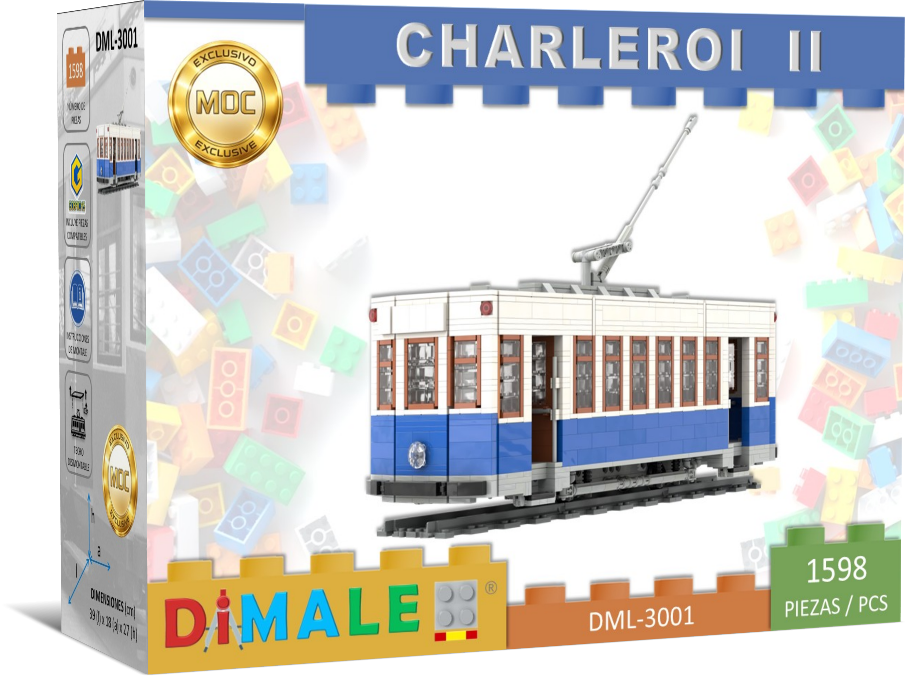 Tranvía Charleroi II Madrid juego construcción Lego MOC Caja de un modelo de tranvía Charleroi II de bloques de construcción, color azul y blanco.