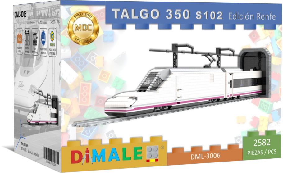 Caja de tren modelo Talgo 350 S102 con vías y descripción del producto.