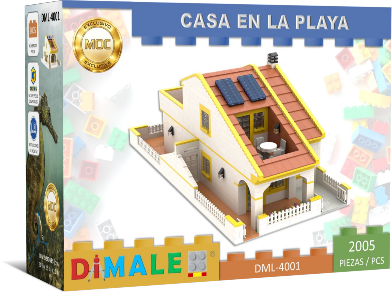 Caja de un set de construcción de una casa en la playa con paneles solares.