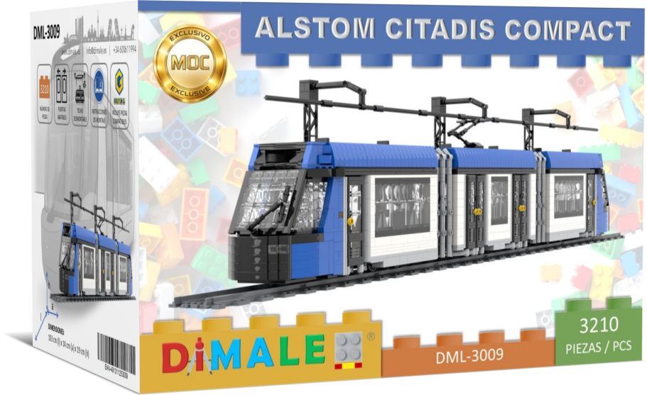Modelo a escala de un tranvía Alstom Citadis Compact con colores azul y blanco.