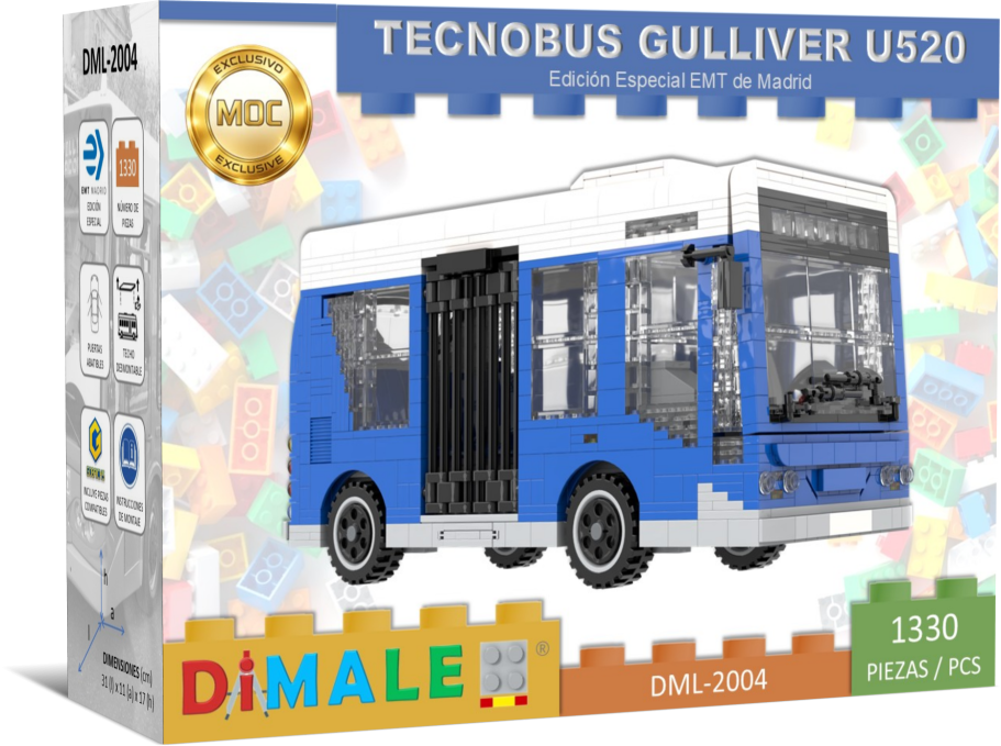 Modelo de autobús azul y blanco para construcción de bloques, con 1130 piezas.