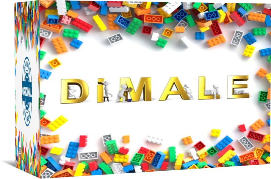 Caja con diseño realizado por DIMALE Caja con la palabra "DIMALE" en letras doradas rodeada de bloques de construcción de colores.