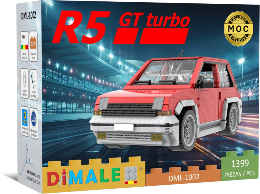 Renault 5 GT Turbo juego construcción Lego MOC Caja de un modelo de coche LEGO R5 GT Turbo, rojo, con detalles de diseño.