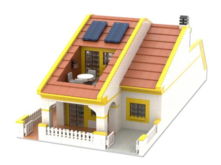 Casas en la playa MOC Lego - Vista exterior 1 Modelo de casa pequeña con paneles solares en el techo y terraza.