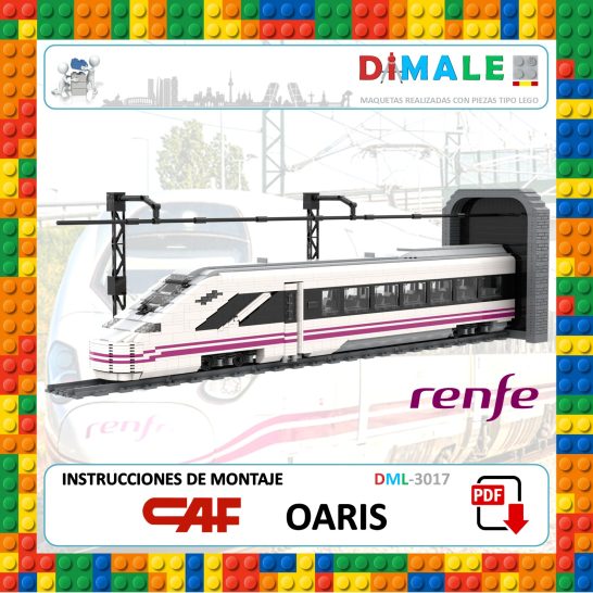 Tren modelo de Renfe en color blanco y rosa sobre fondo de bloques de colores.