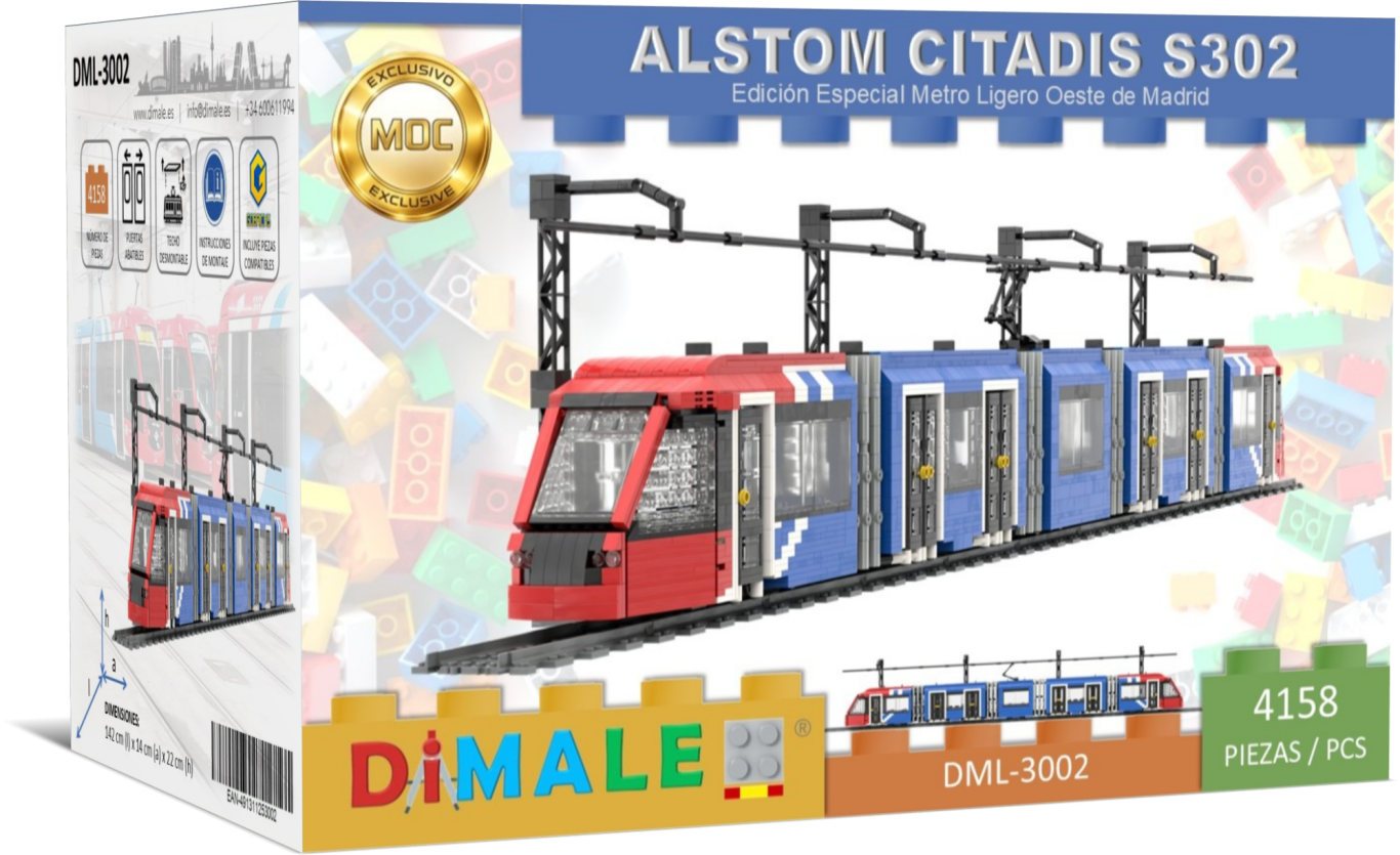 Tranvía Alstom Citadis S302 MLO Madrid MOC Lego Maqueta de tren Alstom Citadis S302 de bloques de construcción.