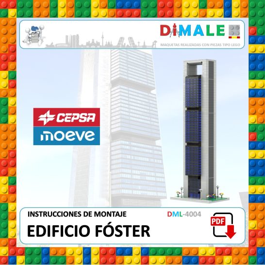 Diseño del edificio Fóster con instrucciones de montaje y logos de Cepsa y Moeve.