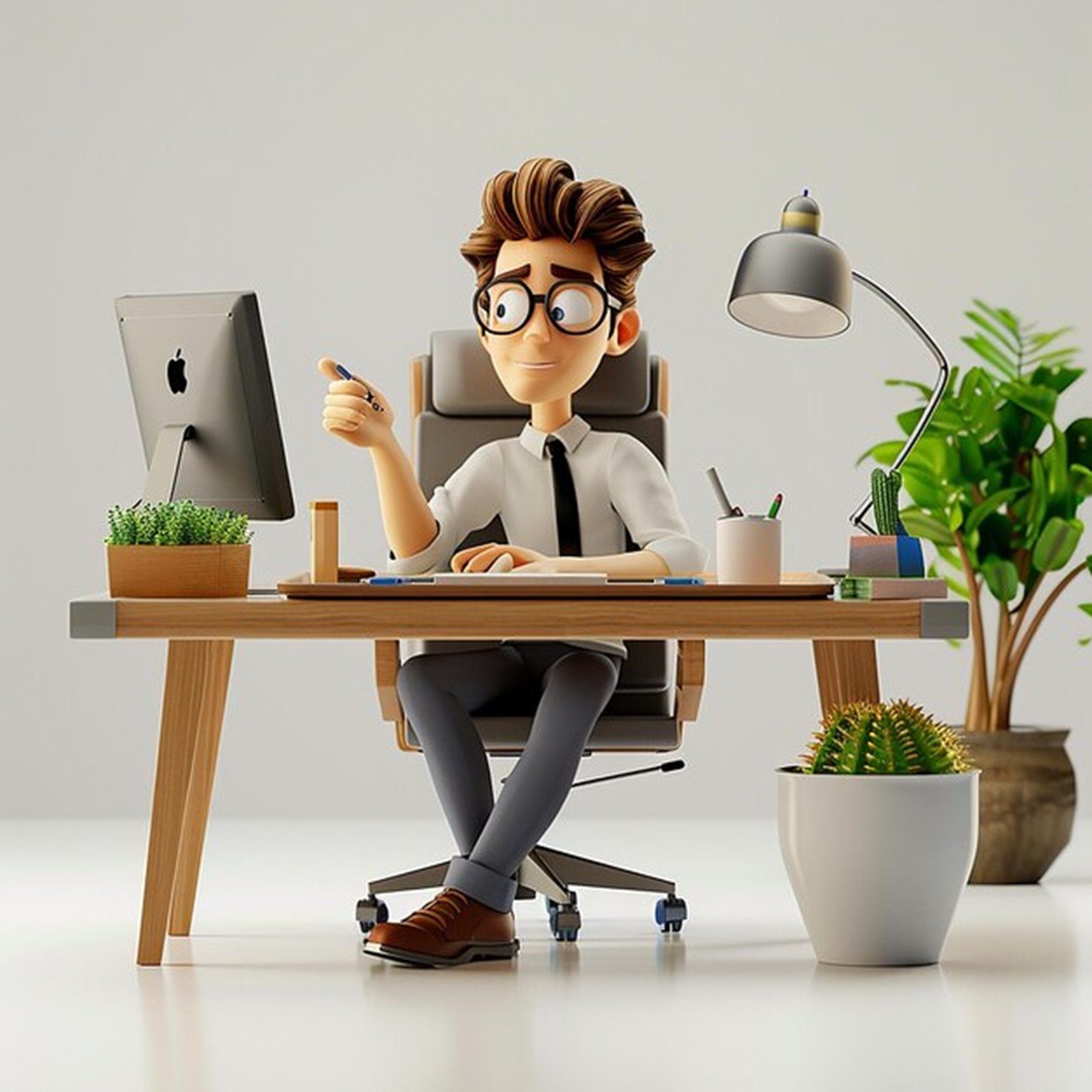 Persona con gafas sentado en un escritorio, usando una computadora y con plantas decorativas.