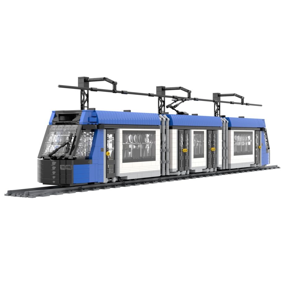 Tranvías Modernos Tram moderno de color azul y blanco con tres vagones en vía.