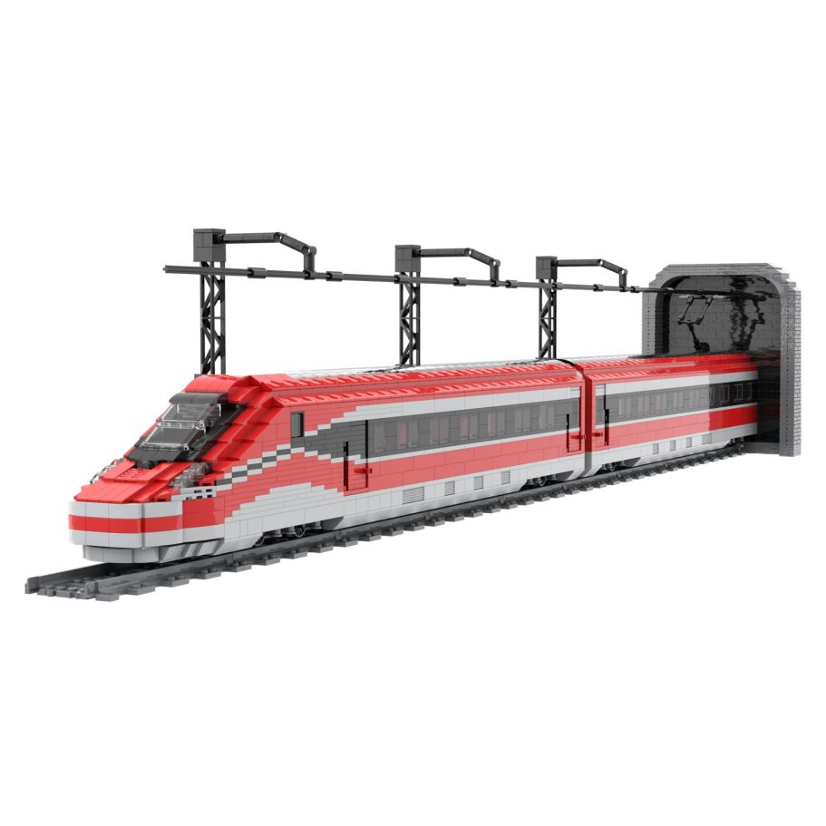 Trenes Alta Velocidad Tren de alta velocidad en una estación con un diseño moderno y colores rojo y blanco.
