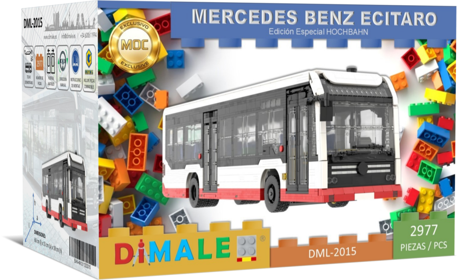 Caja de construcción de un autobús Mercedes Benz Ecitaro con bloques de colores.