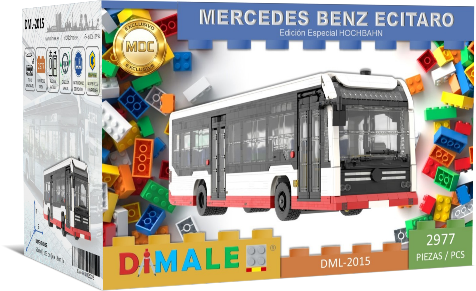 Caja de construcción de un autobús Mercedes Benz Ecitaro con bloques de colores.