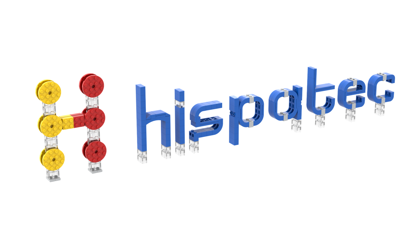 Logotipo Hispatec realizado con lego Logotipo de Hispatec con elementos en azul, rojo y amarillo, representando tecnología.