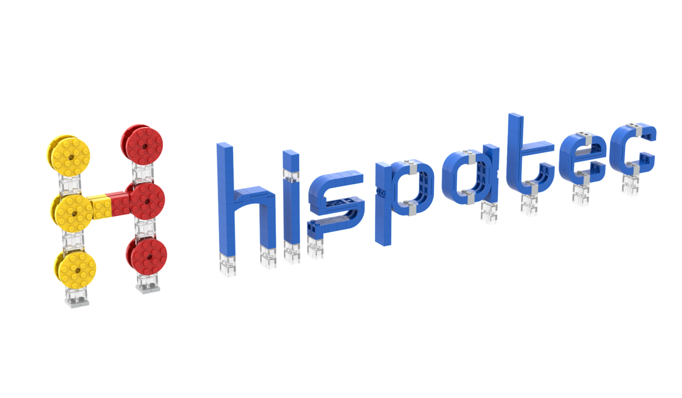 Diseño de logotipos 3D con Lego Texto "hispatec" en colores azul, rojo y amarillo con una estructura molecular a la izquierda.